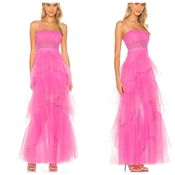 BCBGMAXAZRIA Oly Flamingo Pink Corset Tulle Gown Ruffled Maxi Gown Dress Size 8